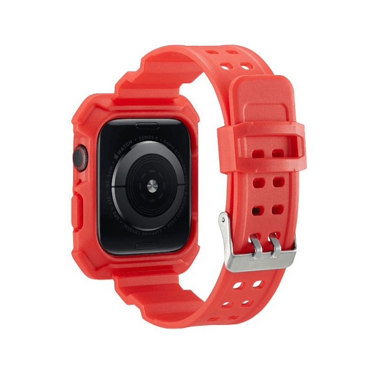 Каишка с удароустойчив силиконов калъф за Apple Watch 4 Series 44мм, Червен