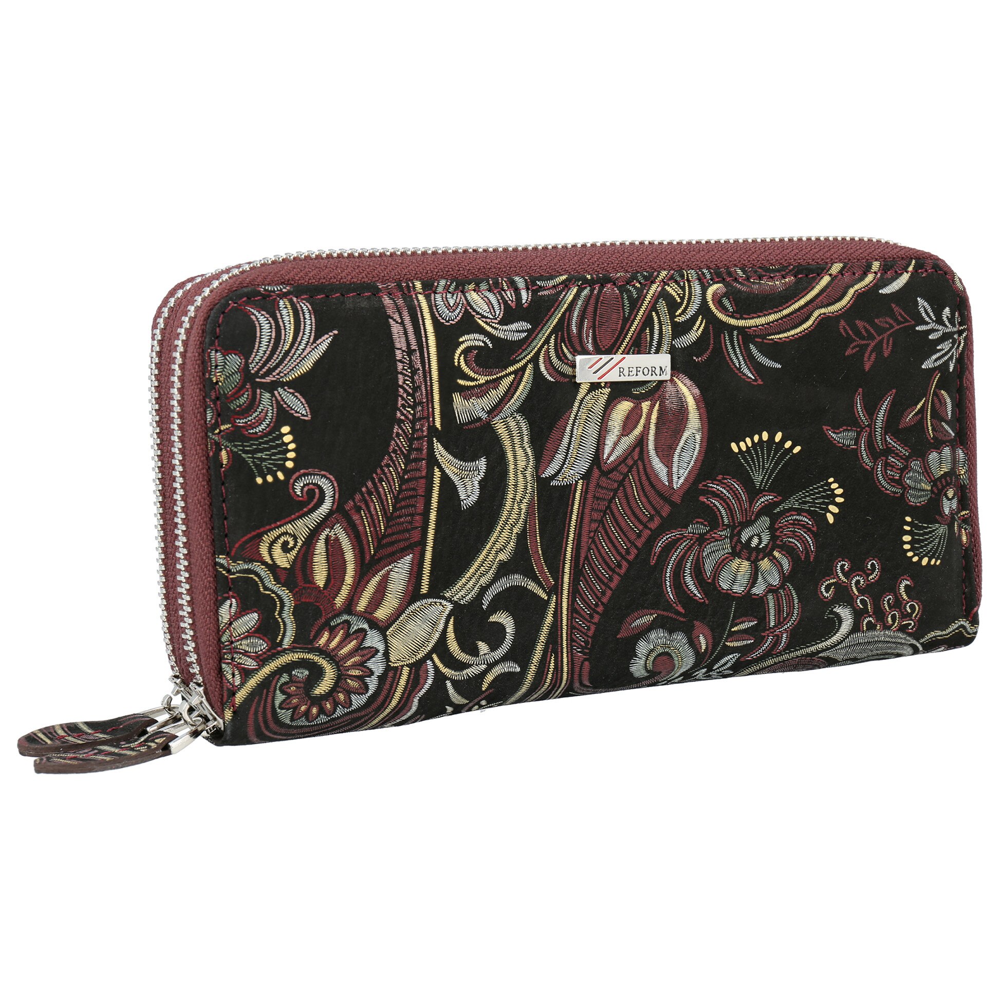 Portofel cu doua fermoare din piele naturala neagra si bordo cu imprimeu floral 310, MAGAZINULDEGENTI