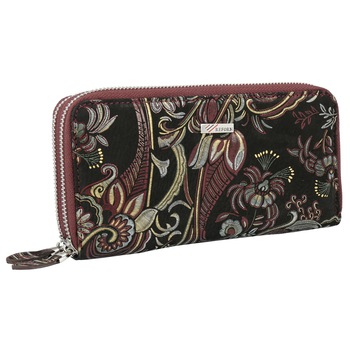 Portofel cu doua fermoare din piele naturala neagra si bordo cu imprimeu floral 310, MAGAZINULDEGENTI Portofel cu doua fermoare din piele naturala neagra si bordo cu imprimeu floral 310, MAGAZINULDEGENTI