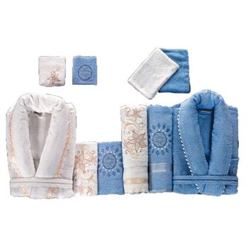 Set baie Belinda 10 piese, 2 halate + 6 prosoape + 2 saculeti, culoare alb + bleu Set baie Belinda 10 piese, 2 halate + 6 prosoape + 2 saculeti, culoare alb + bleu