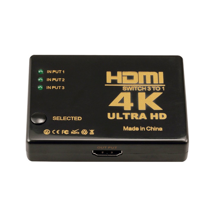 Превключвател HOPE R, HDMI 2.0 HDCP 2.2, 4Kx2K @ 60hz, Rgb 4:4:4, Hdr10, 3 Входа, 1 Изход, Ir Дистанционно Управление, Черен