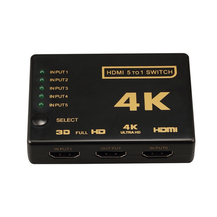 HDMI kapcsoló 2.0 HDCP 2.2, 4K x 2K 60Hz ,RGB 4: 4: 4 ,HDR10, 5in 1 kimenet, IR távirányítóval, fekete