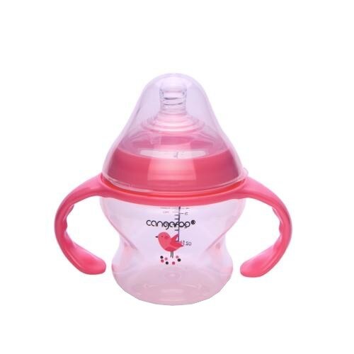 Biberon cu maner detasabil si capac Cangaroo™ Tiki Girl, 0 luni+, 150 ml, 5 masuri, sistem anti colici, tetina lapte, Roz