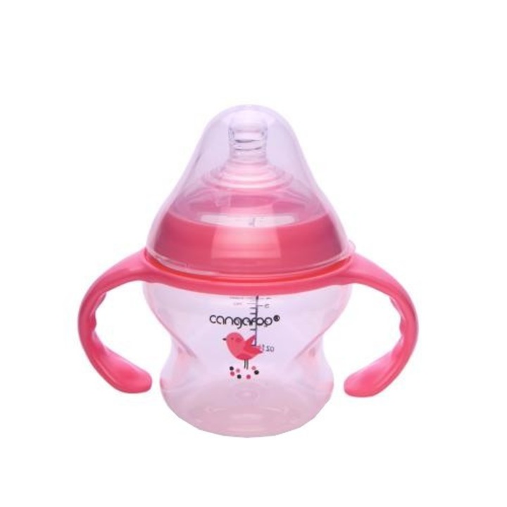 Бебешко шише Cangaroo™ Tiki Girl с подвижна дръжка и капачка, 0 месеца+, 150 мл, 5 размера, система против колики, биберон за мляко, розово