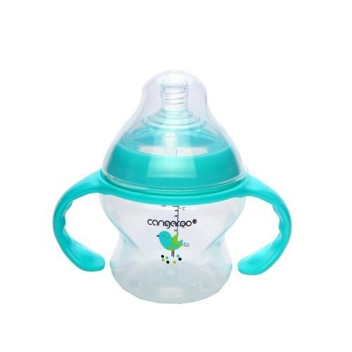 Biberon cu maner detasabil si capac Cangaroo™ Tiki Boy, 0 luni+, 150 ml, 5 masuri, sistem anti colici, tetina lapte, Albastru