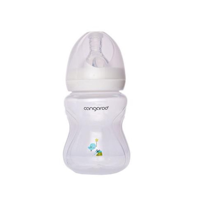 Cumisüveg Cangaroo™ Birdy Blu huzattal, 0 hónap+, 180 ml, 6 méret, kólika gátló rendszer, tejcumik, kék