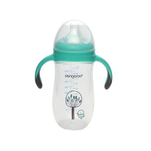 Biberon cu maner detasabil si capac Cangaroo™ Chickling Boy XXL, 3 luni+, 280 ml, 9 masuri, sistem anti colici, tetina lapte, Albastru