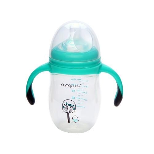 Biberon cu maner detasabil si capac Cangaroo™ Chickling Boy, 0 luni+, 180 ml, 6 masuri, sistem anti colici, tetina lapte, Albastru