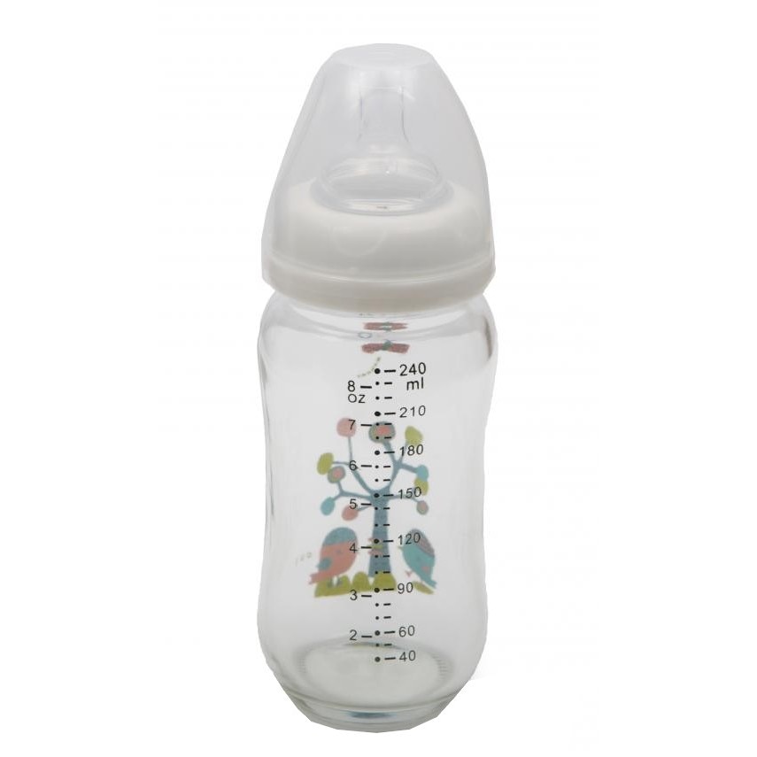 Biberon din sticla cu capac Cangaroo™ Hello, 0 luni+, 240 ml, 8 masuri, sistem anti colici, tetina lapte, Alb