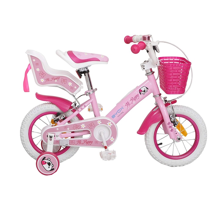 Детски велосипед NOVOKIDS Puppy, колела 16" цола, максимум 30 кг, стоманена рамка, подвижни помощни колела, кормило с регулируема височина, Розов