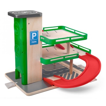 Garaj etajat Woodyland din lemn cu lift si masinute Siku Garaj etajat Woodyland din lemn cu lift si masinute Siku