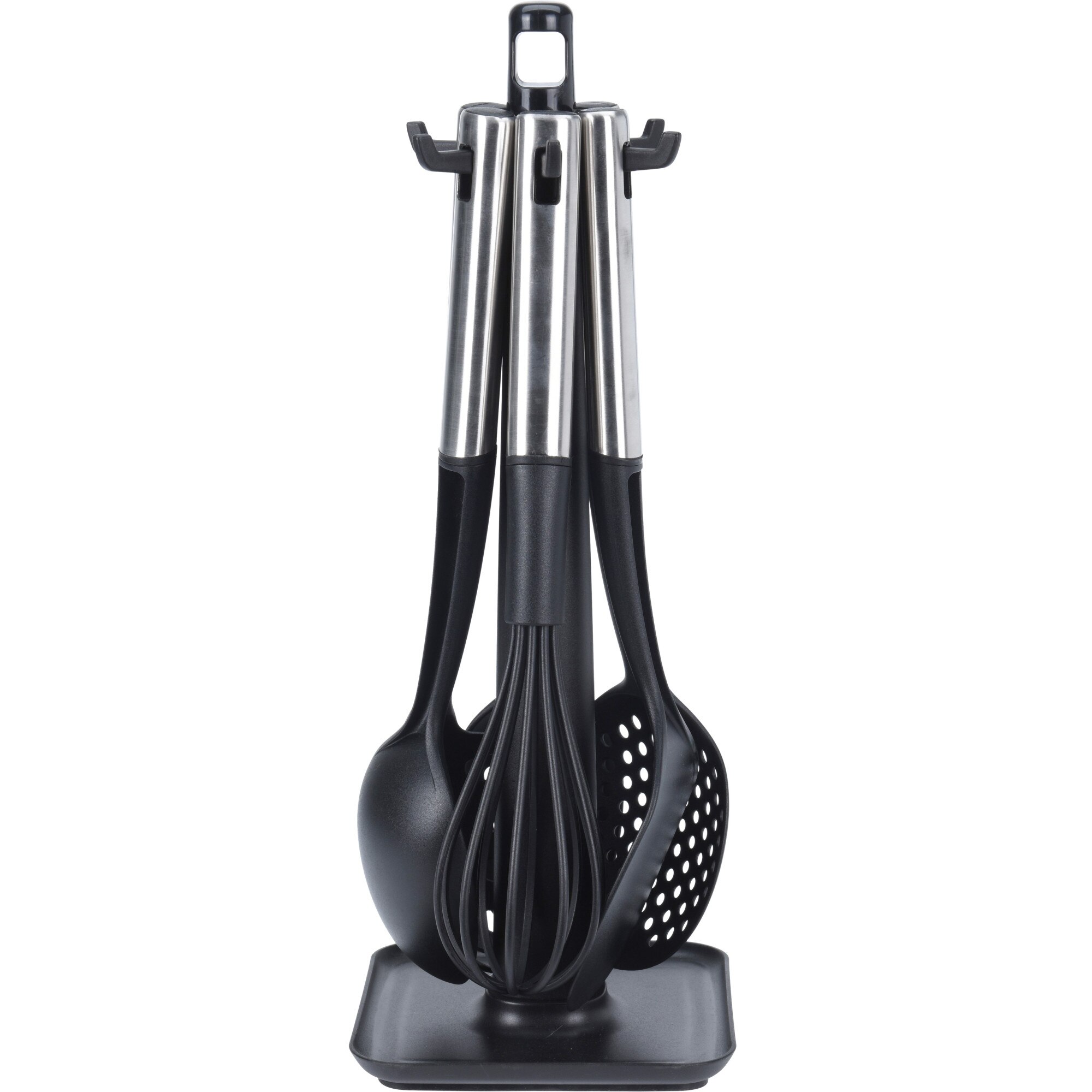 Set 6 ustensile bucatarie din plastic cu maner inox pe suport plastic antiderapant , Dim totala 40x14.5x14.5 cm