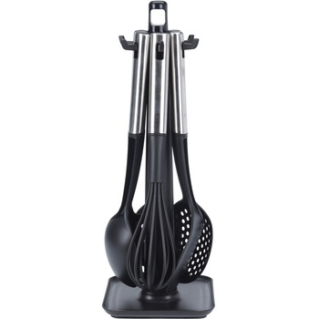 Set 6 ustensile bucatarie din plastic cu maner inox pe suport plastic antiderapant , Dim totala 40x14.5x14.5 cm Set 6 ustensile bucatarie din plastic cu maner inox pe suport plastic antiderapant , Dim totala 40x14.5x14.5 cm