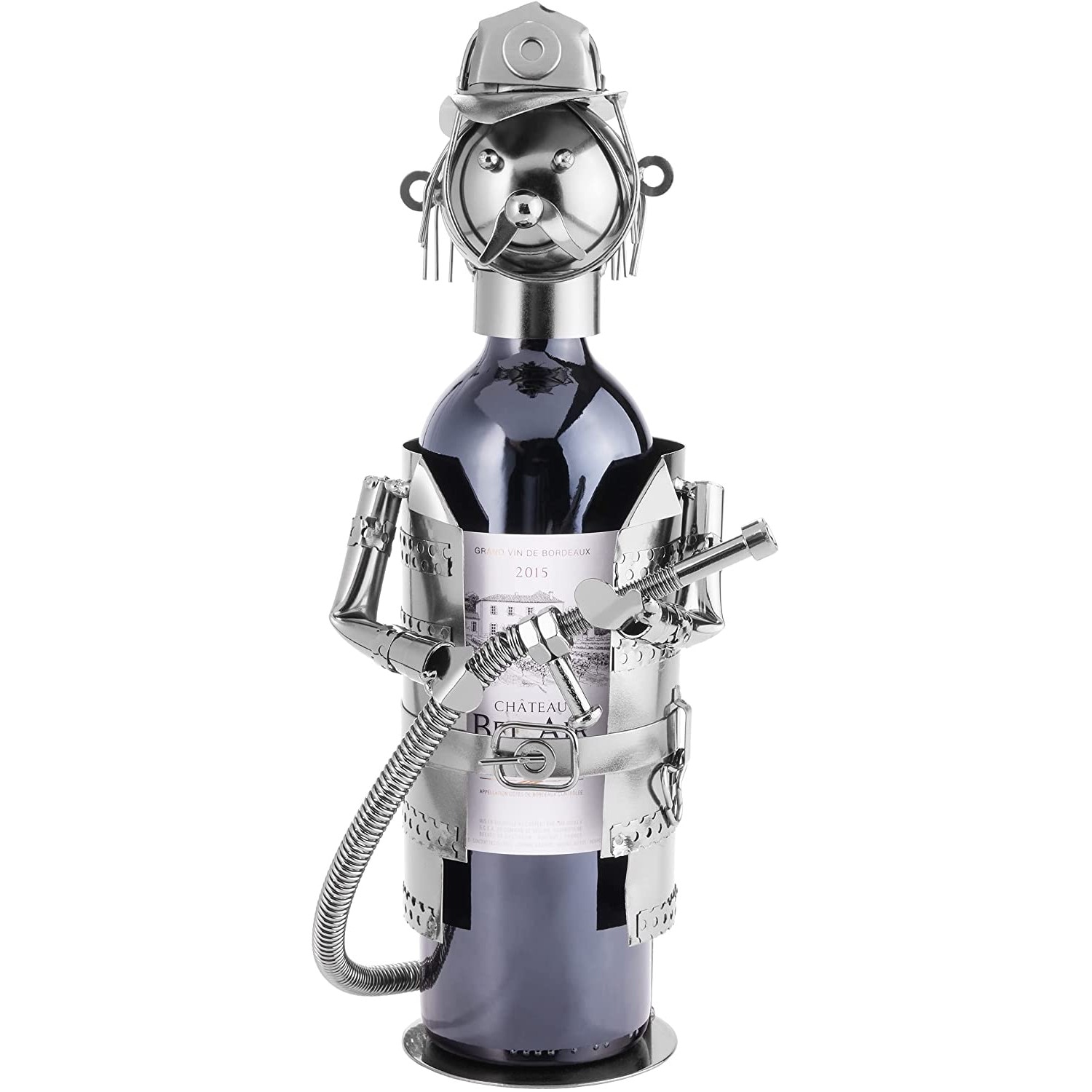 Suport pentru sticla vin, model pompier, metal lucios, H 21cm
