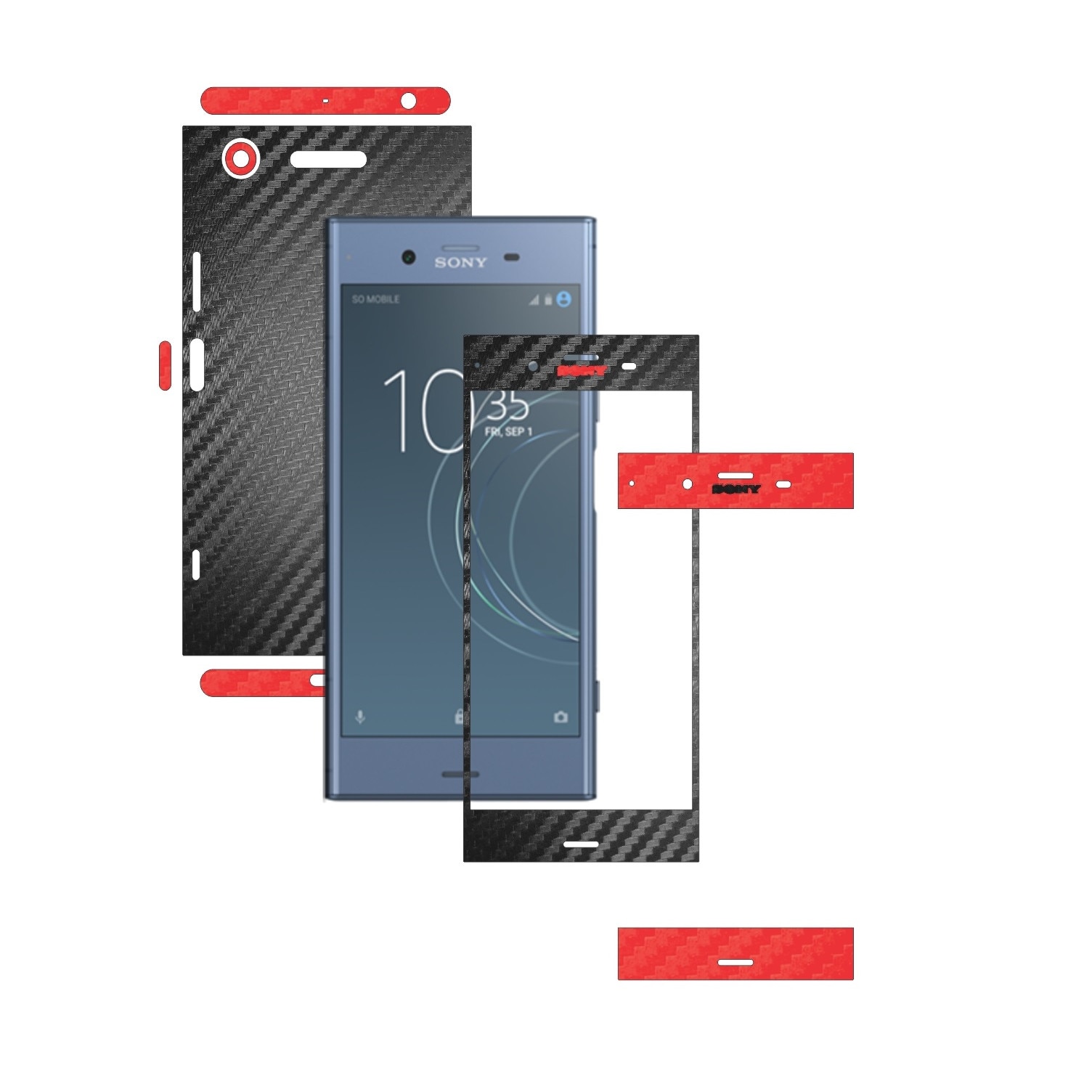 Folie Protectie Carbon Skinz pentru Sony Xperia XZ1 - Carbon Two Tone Negru / Rosu, Skin Adeziv Full Body Cover pentru Rama Ecran, Carcasa Spate si Laterale