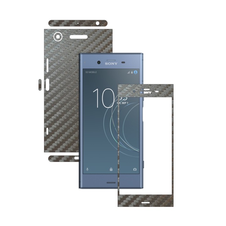 Folie Protectie Carbon Skinz pentru Sony Xperia XZ1 - Carbon Gri Argintiu 360 Cut, Skin Adeziv Full Body Cover pentru Rama Ecran, Carcasa Spate si Laterale