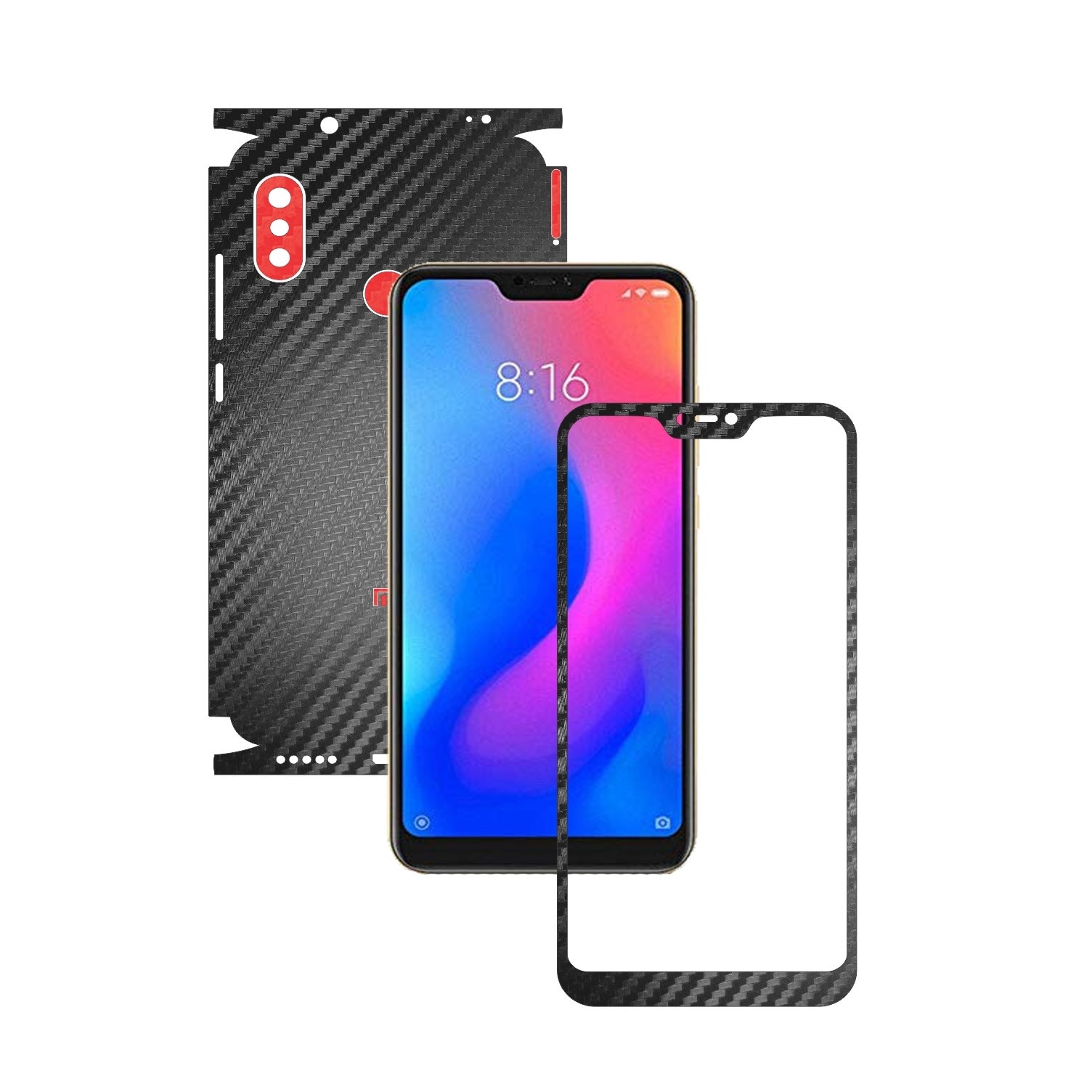 Folie Protectie Carbon Skinz pentru Xiaomi Mi A2 Lite - Carbon Two Tone Negru / Rosu, Skin Adeziv Full Body Cover pentru Rama Ecran, Carcasa Spate si Laterale
