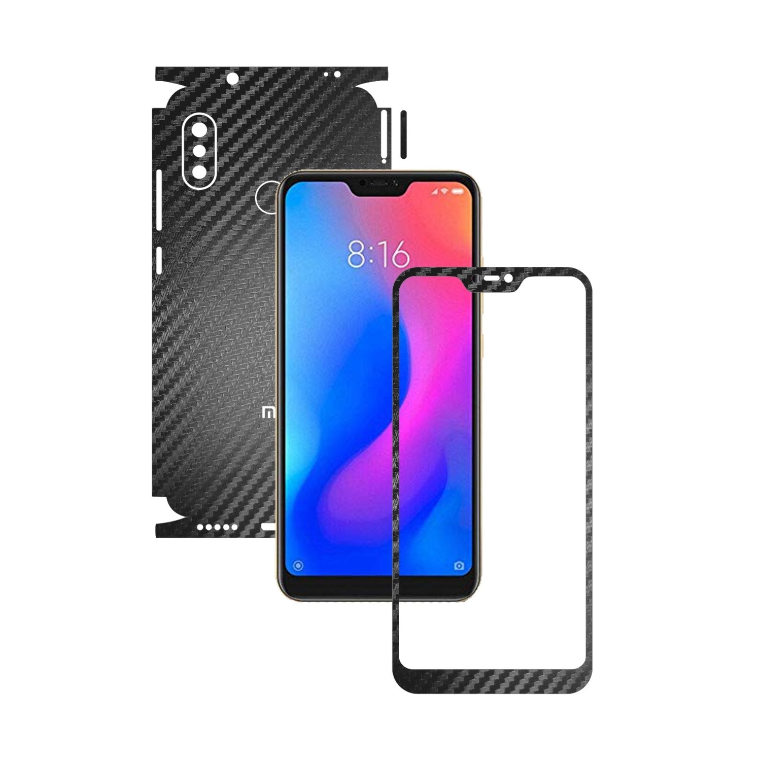 Folie Protectie Carbon Skinz pentru Xiaomi Redmi 6 Pro - Carbon Negru 360 Cut, Skin Adeziv Full Body Cover pentru Rama Ecran, Carcasa Spate si Laterale