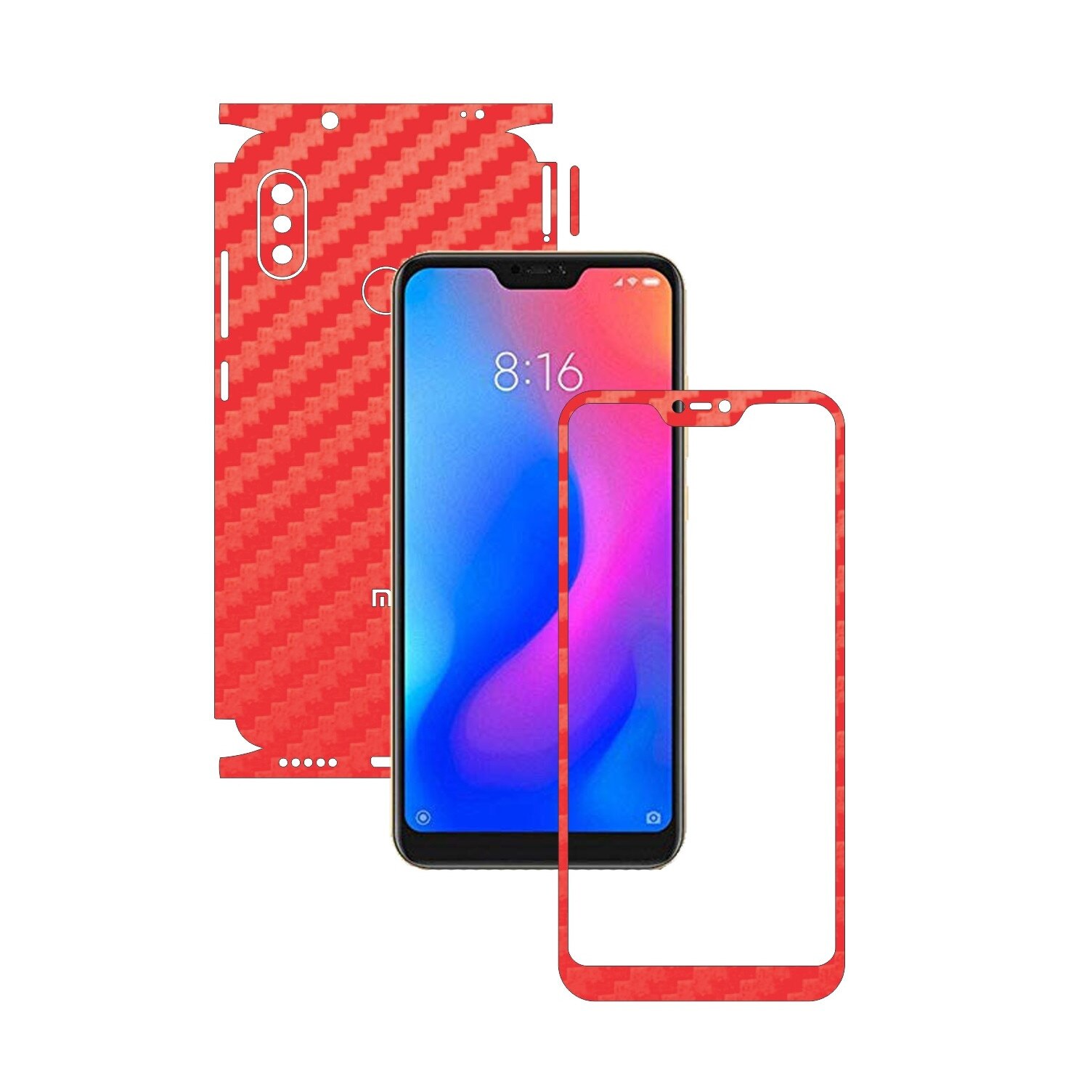Folie Protectie Carbon Skinz pentru Xiaomi Mi A2 Lite - Carbon Rosu 360 Cut, Skin Adeziv Full Body Cover pentru Rama Ecran, Carcasa Spate si Laterale