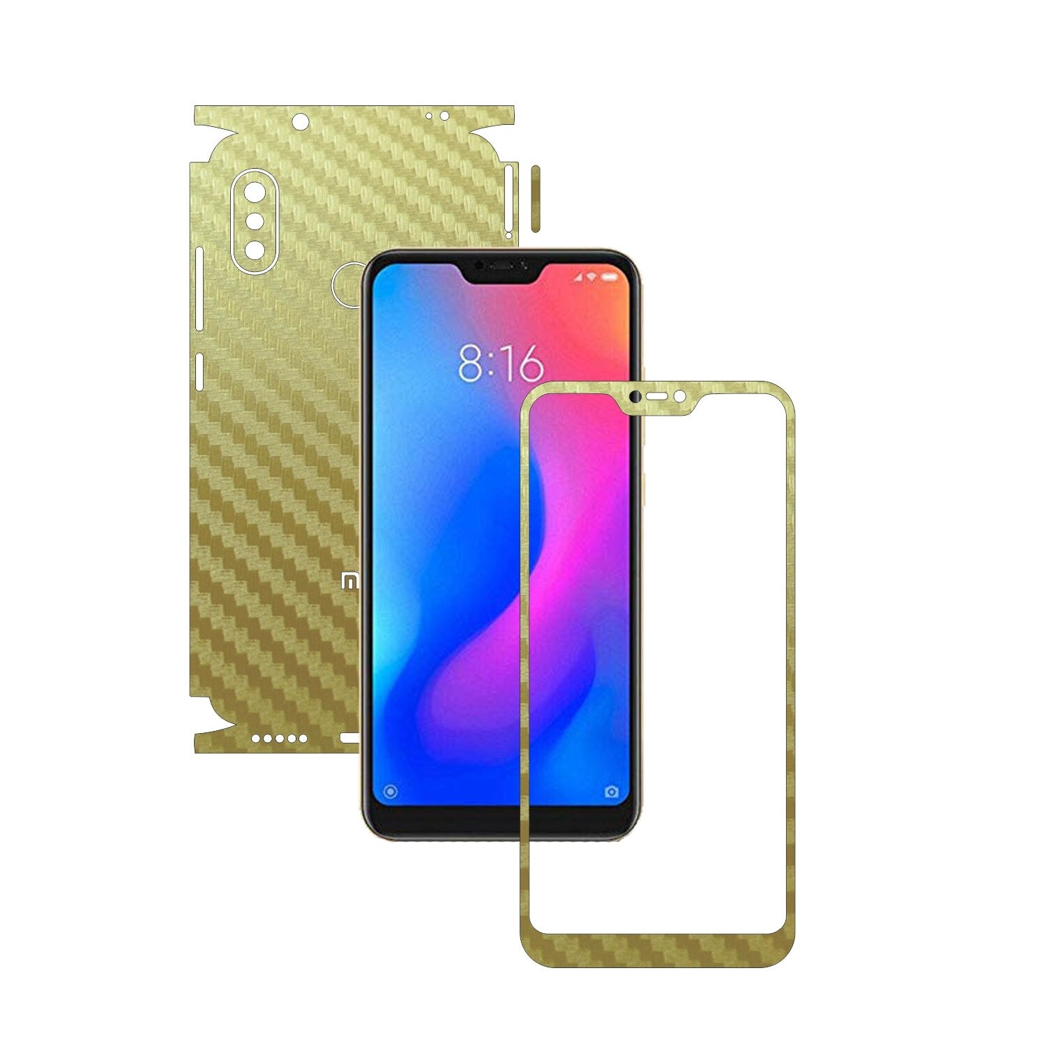 Folie Protectie Carbon Skinz pentru Xiaomi Redmi 6 Pro - Carbon Auriu 360 Cut, Skin Adeziv Full Body Cover pentru Rama Ecran, Carcasa Spate si Laterale