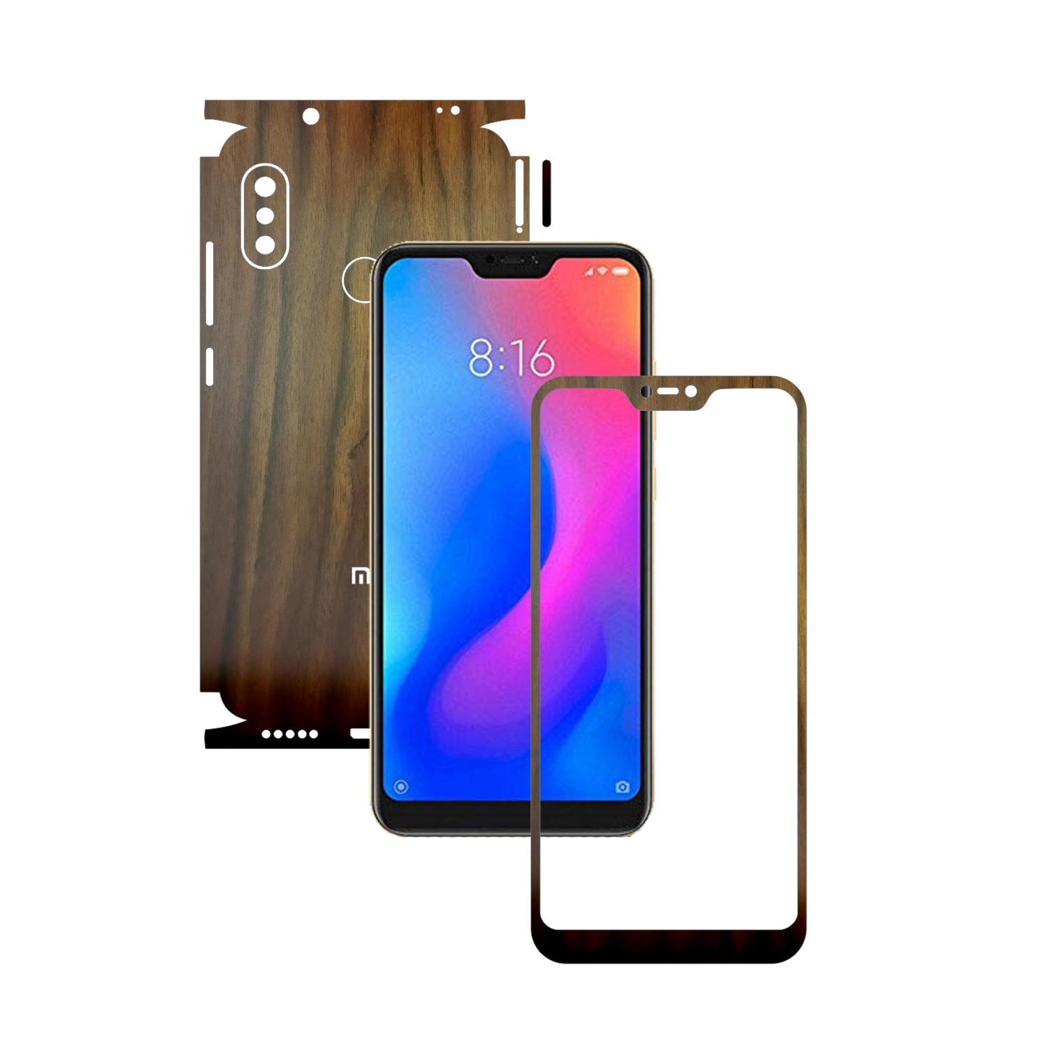 Folie Protectie Carbon Skinz pentru Xiaomi Redmi 6 Pro - Lemn Nuc 360 Cut, Skin Adeziv Full Body Cover pentru Rama Ecran, Carcasa Spate si Laterale