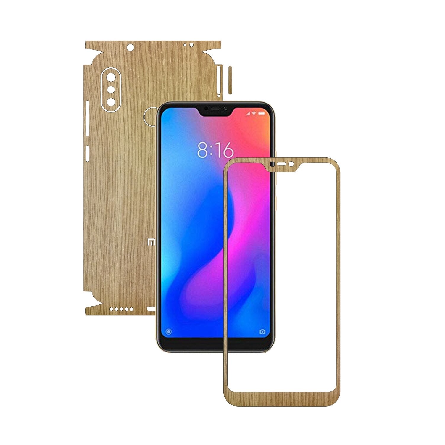 Folie Protectie Carbon Skinz pentru Xiaomi Redmi 6 Pro - Lemn Stejar 360 Cut, Skin Adeziv Full Body Cover pentru Rama Ecran, Carcasa Spate si Laterale