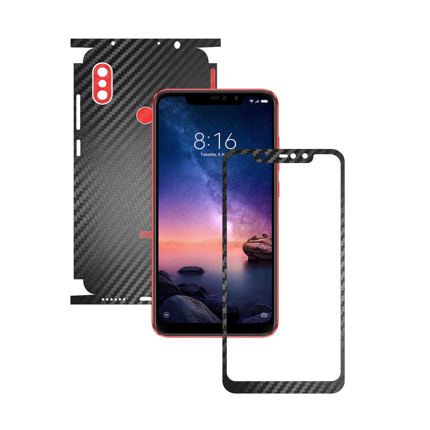 Folie Protectie Carbon Skinz pentru Xiaomi Redmi Note 6 Pro - Carbon Two Tone Negru / Rosu, Skin Adeziv Full Body Cover pentru Rama Ecran, Carcasa Spate si Laterale