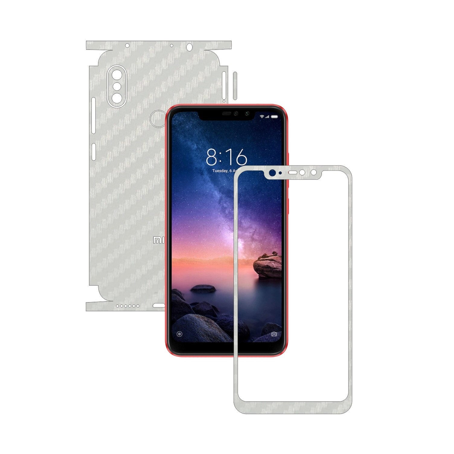 Folie Protectie Carbon Skinz pentru Xiaomi Redmi Note 6 Pro - Carbon Alb 360 Cut, Skin Adeziv Full Body Cover pentru Rama Ecran, Carcasa Spate si Laterale