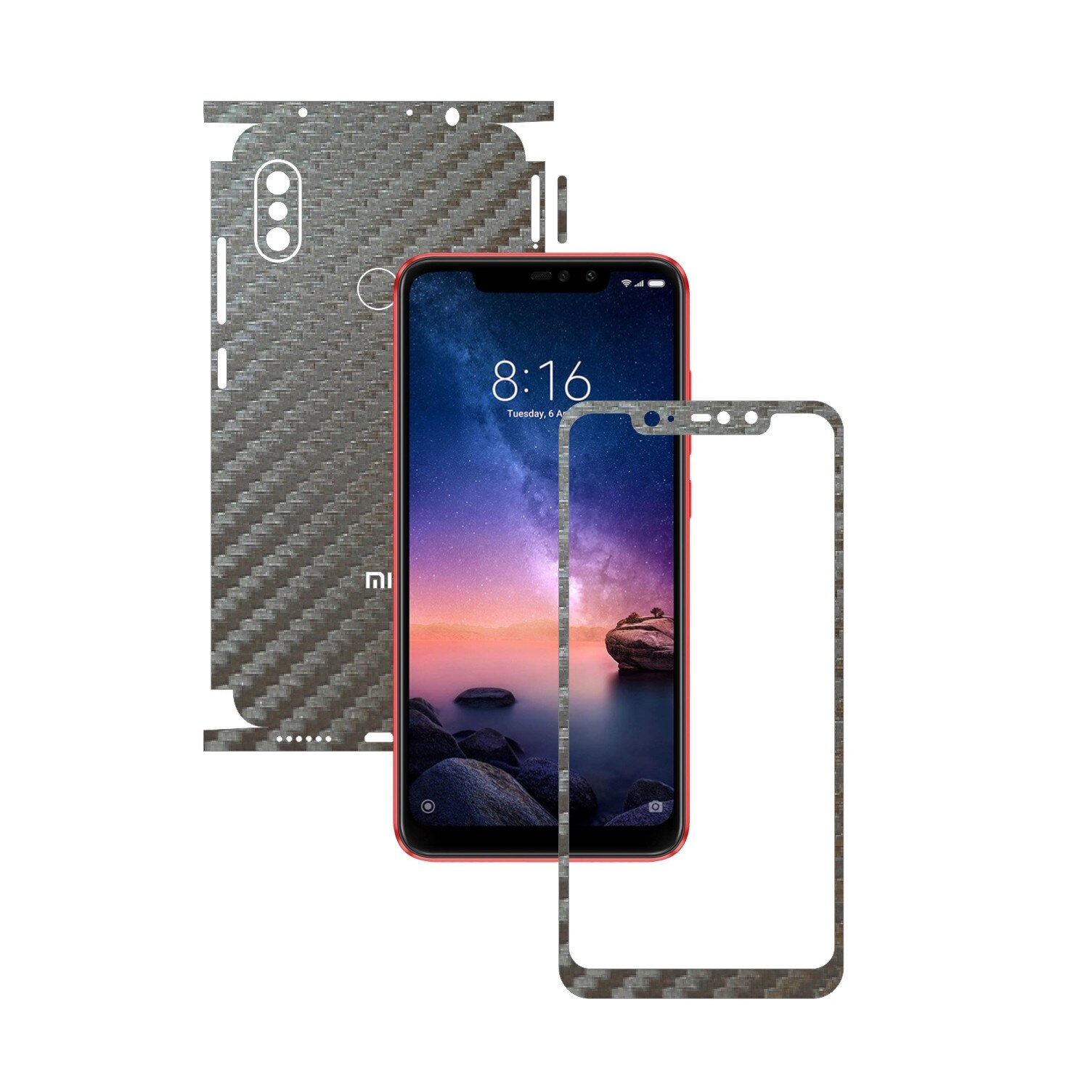 Folie Protectie Carbon Skinz pentru Xiaomi Redmi Note 6 Pro - Carbon Gri Argintiu 360 Cut, Skin Adeziv Full Body Cover pentru Rama Ecran, Carcasa Spate si Laterale