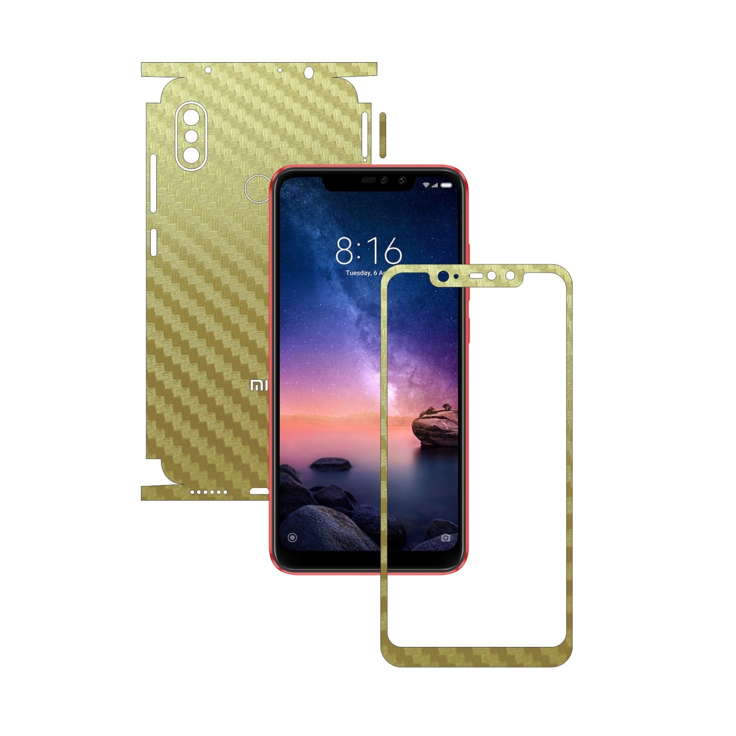 Folie Protectie Carbon Skinz pentru Xiaomi Redmi Note 6 Pro - Carbon Auriu 360 Cut, Skin Adeziv Full Body Cover pentru Rama Ecran, Carcasa Spate si Laterale
