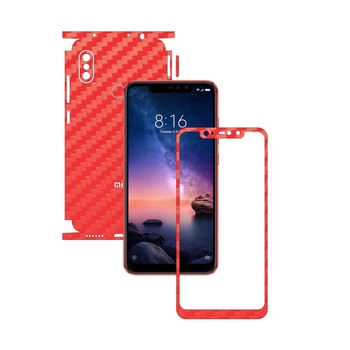 Folie Protectie Carbon Skinz pentru Xiaomi Redmi Note 6 Pro - Carbon Rosu 360 Cut, Skin Adeziv Full Body Cover pentru Rama Ecran, Carcasa Spate si Laterale