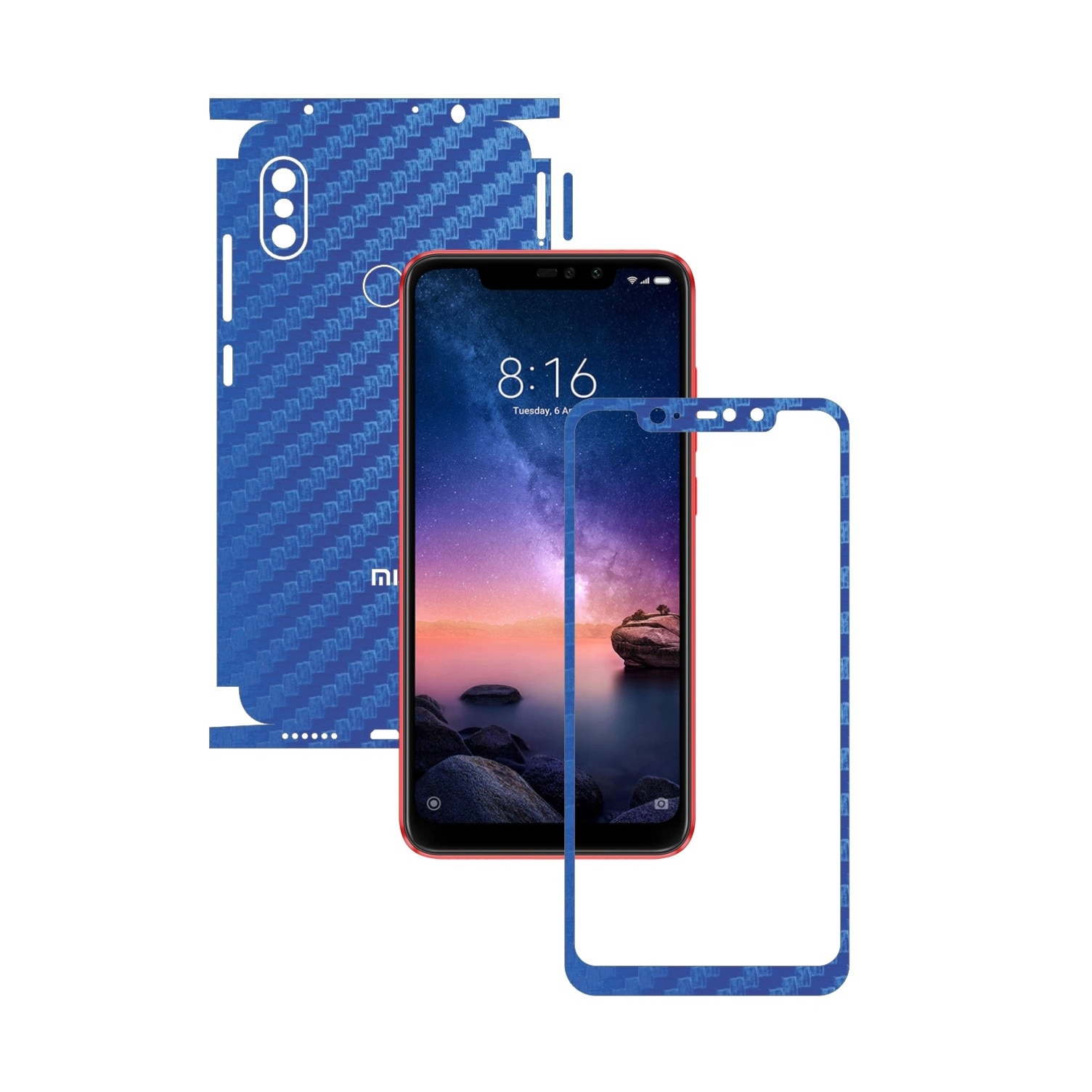 Folie Protectie Carbon Skinz pentru Xiaomi Redmi Note 6 Pro - Carbon Albastru 360 Cut, Skin Adeziv Full Body Cover pentru Rama Ecran, Carcasa Spate si Laterale