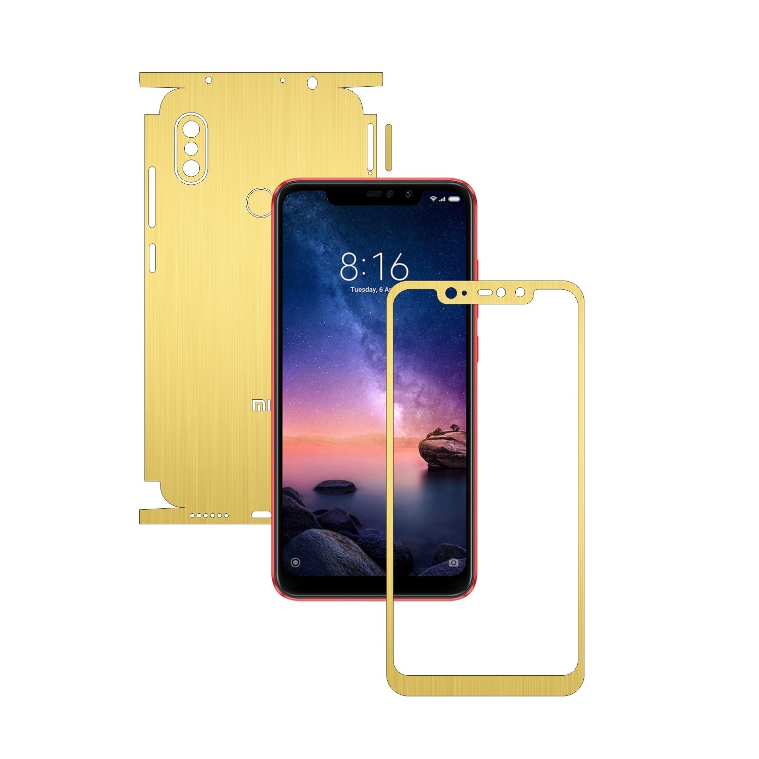 Folie Protectie Carbon Skinz pentru Xiaomi Redmi Note 6 Pro - Brushed Auriu 360 Cut, Skin Adeziv Full Body Cover pentru Rama Ecran, Carcasa Spate si Laterale