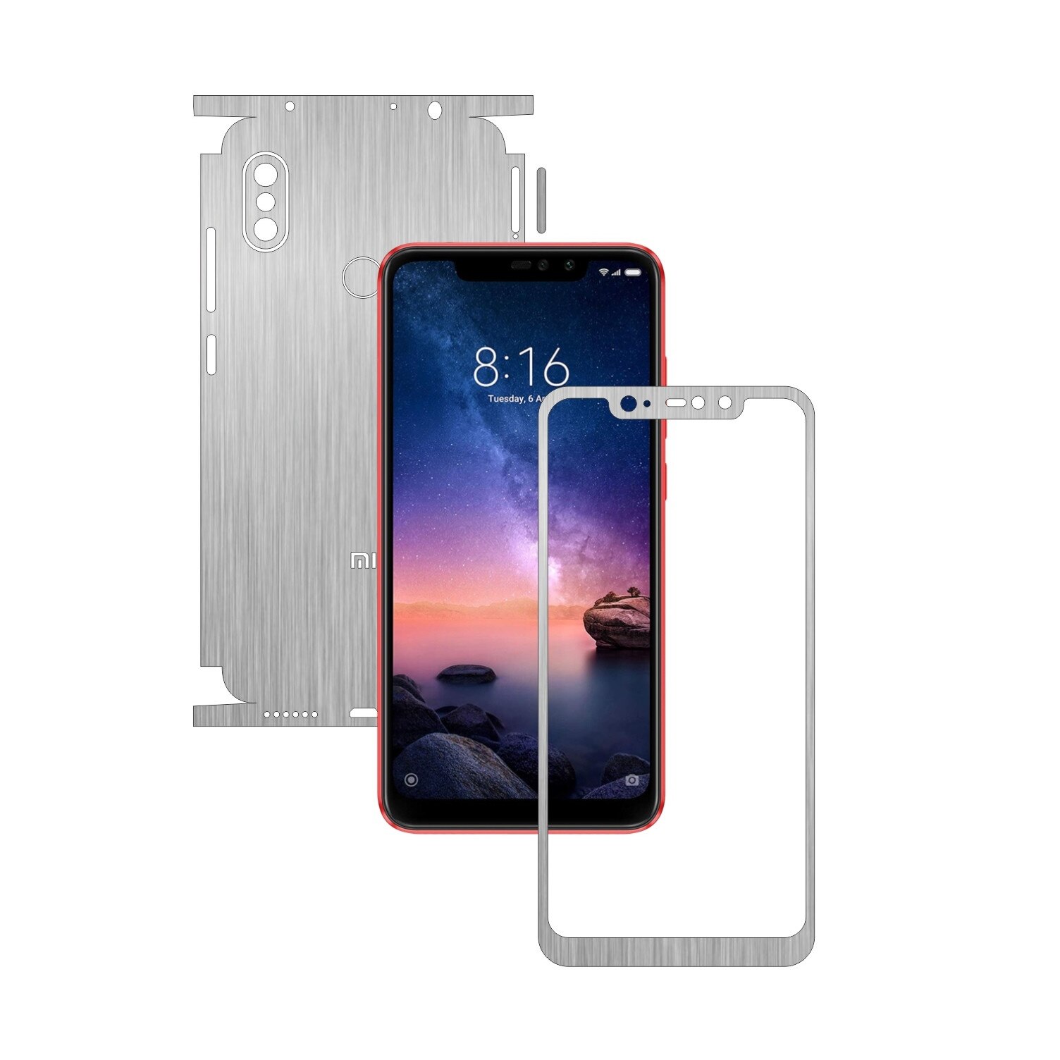Folie Protectie Carbon Skinz pentru Xiaomi Redmi Note 6 Pro - Brushed Argintiu 360 Cut, Skin Adeziv Full Body Cover pentru Rama Ecran, Carcasa Spate si Laterale