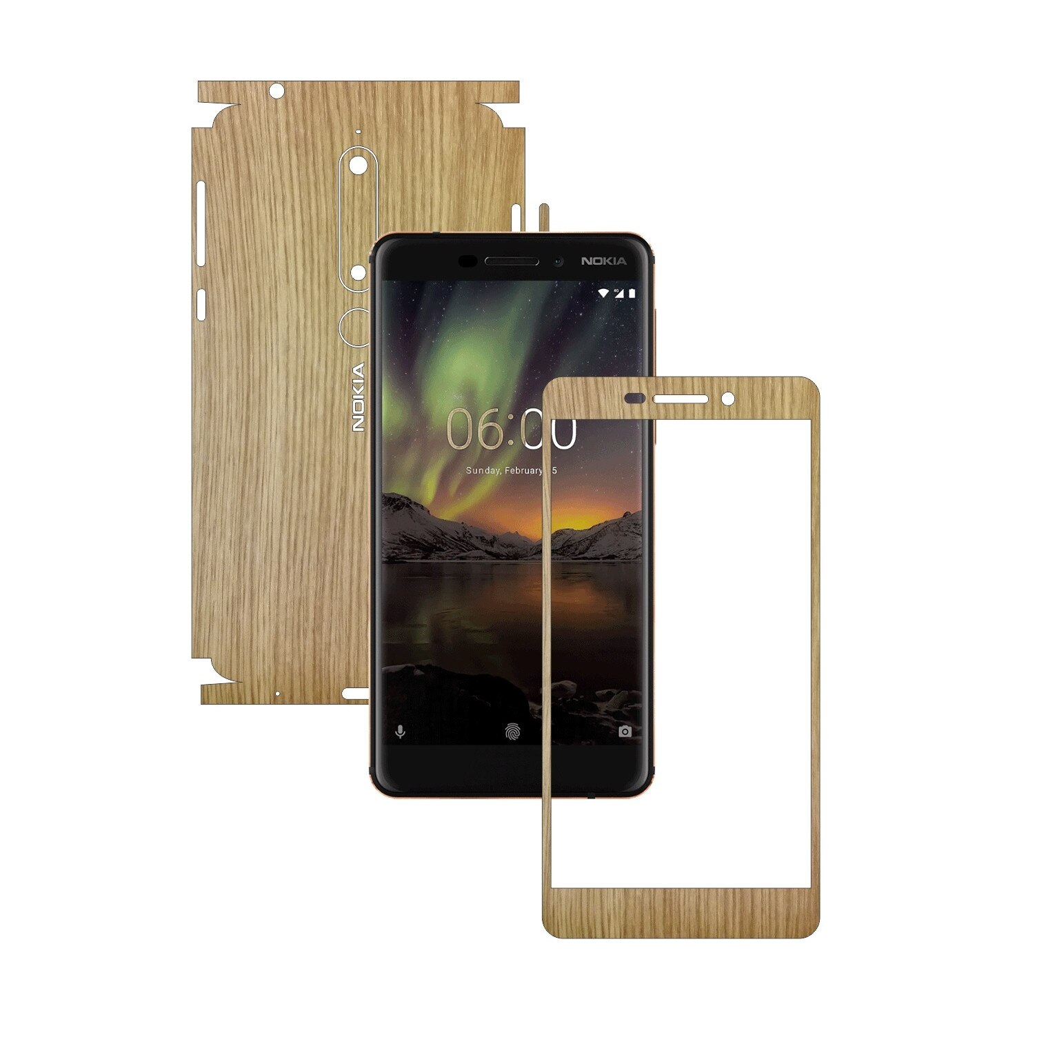 Folie Protectie Carbon Skinz pentru Nokia 6.1 - Lemn Stejar 360 Cut, Skin Adeziv Full Body Cover pentru Rama Ecran, Carcasa Spate si Laterale