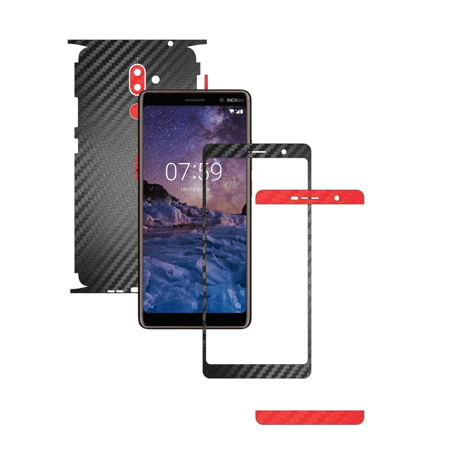Folie Protectie Carbon Skinz pentru Nokia 7 + Plus - Carbon Two Tone Negru / Rosu, Skin Adeziv Full Body Cover pentru Rama Ecran, Carcasa Spate si Laterale