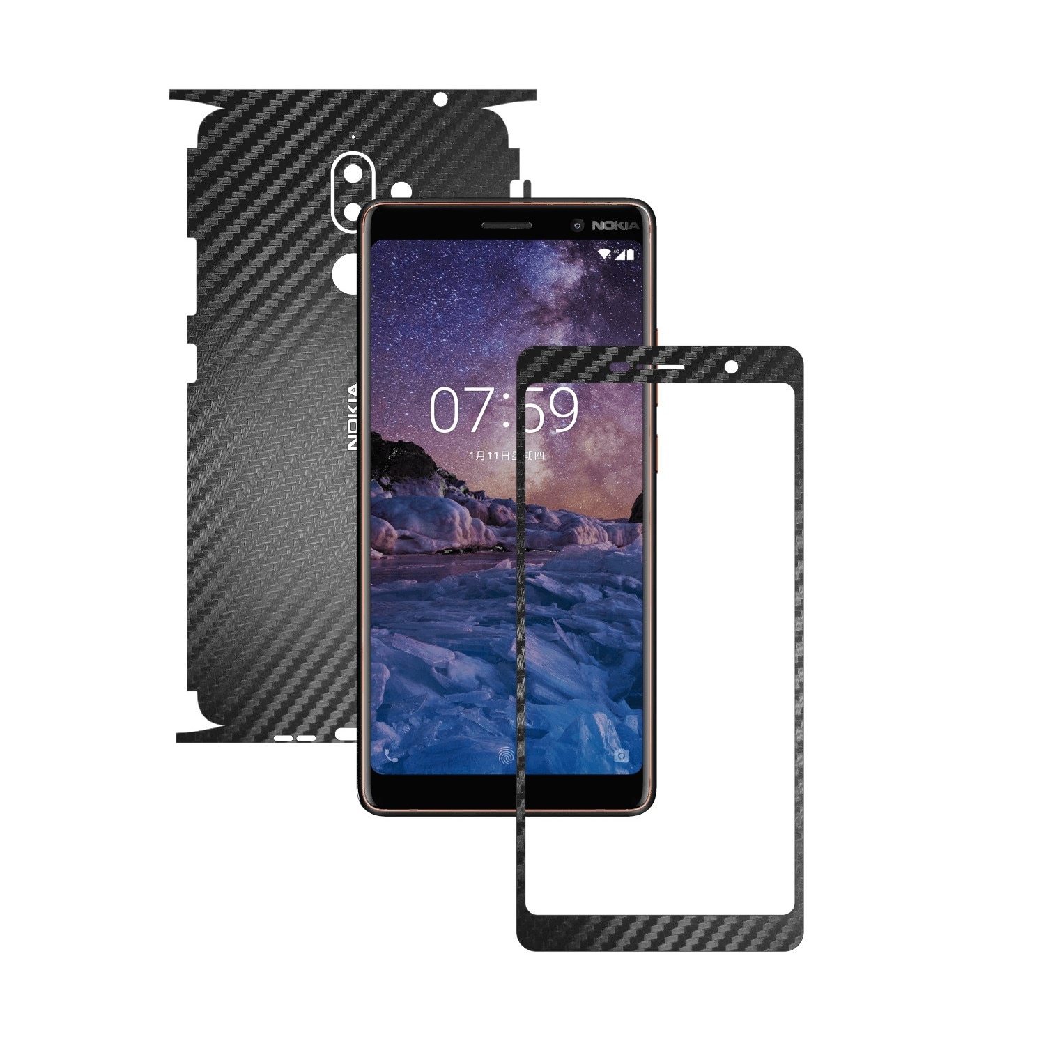 Folie Protectie Carbon Skinz pentru Nokia 7 + Plus - Carbon Negru 360 Cut, Skin Adeziv Full Body Cover pentru Rama Ecran, Carcasa Spate si Laterale
