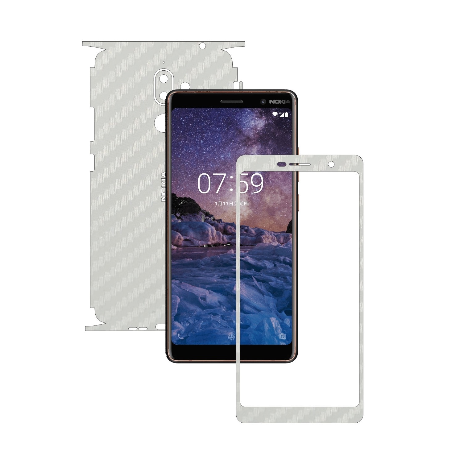 Folie Protectie Carbon Skinz pentru Nokia 7 + Plus - Carbon Alb 360 Cut, Skin Adeziv Full Body Cover pentru Rama Ecran, Carcasa Spate si Laterale