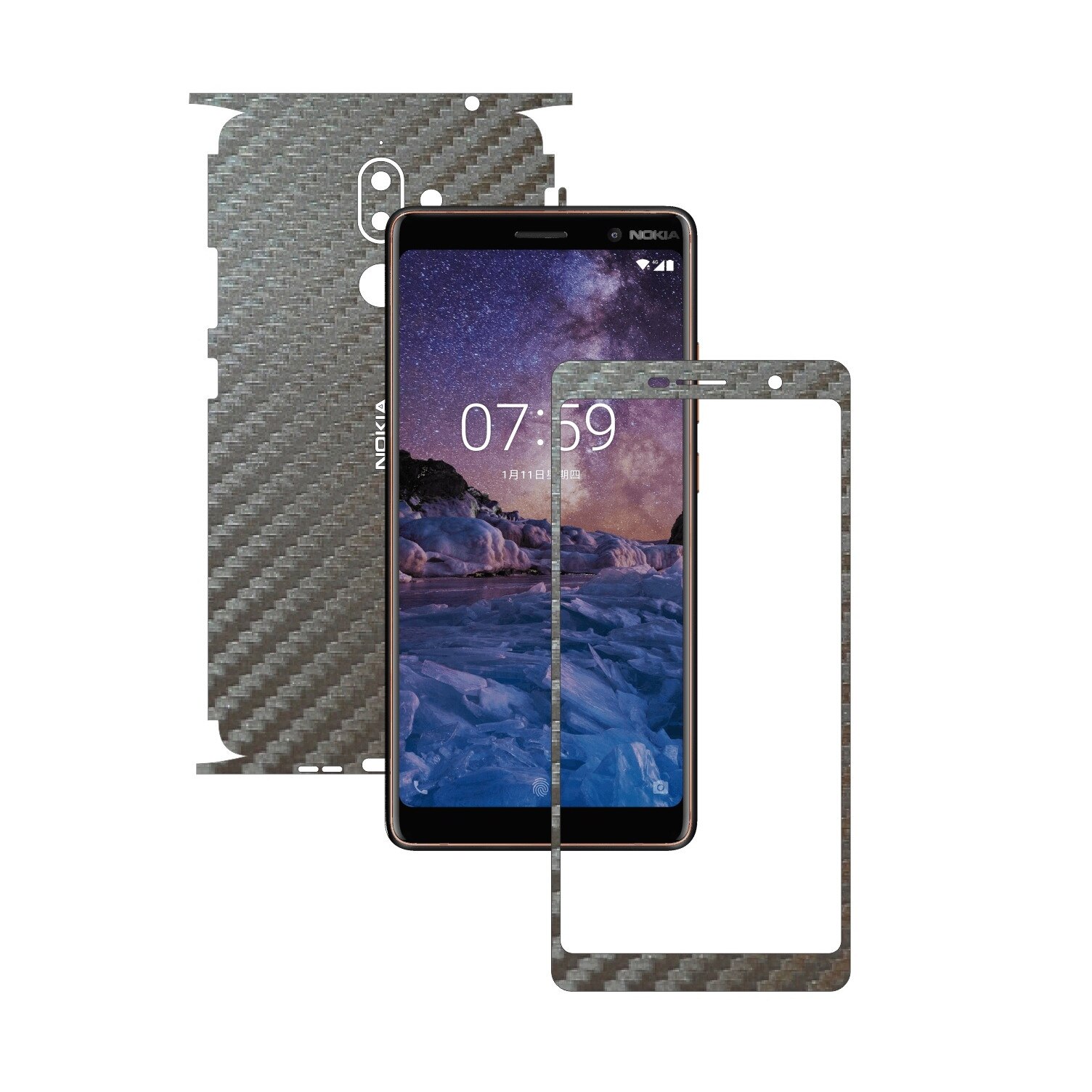 Folie Protectie Carbon Skinz pentru Nokia 7 + Plus - Carbon Gri Argintiu 360 Cut, Skin Adeziv Full Body Cover pentru Rama Ecran, Carcasa Spate si Laterale