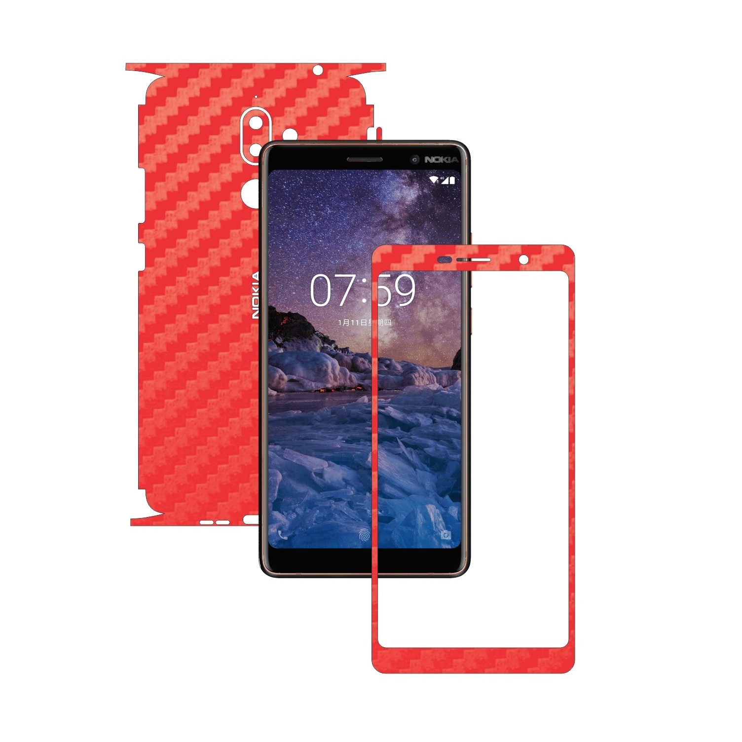 Folie Protectie Carbon Skinz pentru Nokia 7 + Plus - Carbon Rosu 360 Cut, Skin Adeziv Full Body Cover pentru Rama Ecran, Carcasa Spate si Laterale