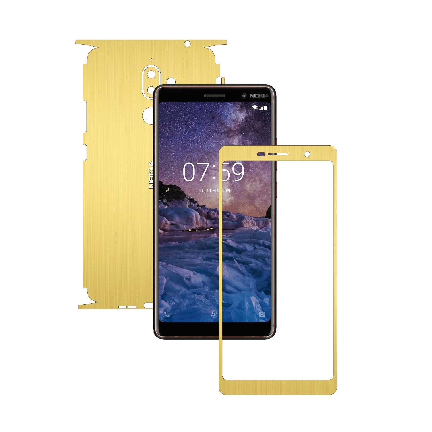 Folie Protectie Carbon Skinz pentru Nokia 7 + Plus - Brushed Auriu 360 Cut, Skin Adeziv Full Body Cover pentru Rama Ecran, Carcasa Spate si Laterale