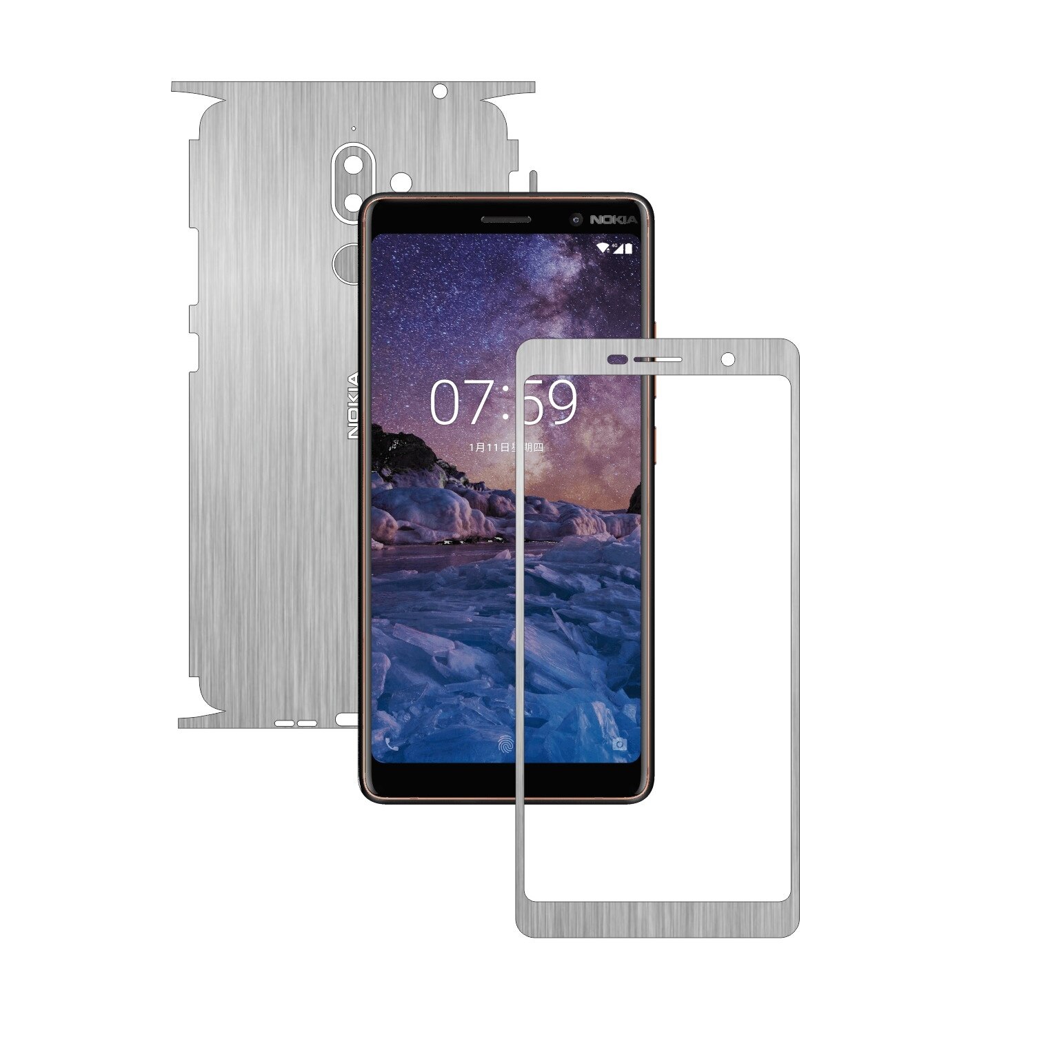 Folie Protectie Carbon Skinz pentru Nokia 7 + Plus - Brushed Argintiu 360 Cut, Skin Adeziv Full Body Cover pentru Rama Ecran, Carcasa Spate si Laterale