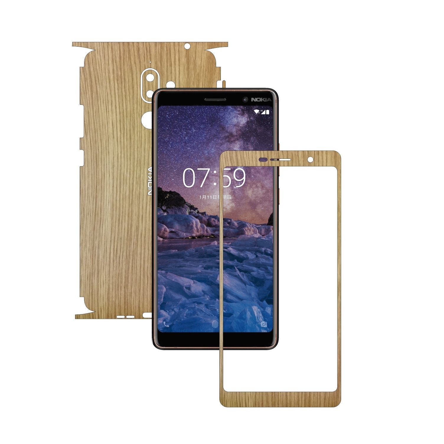 Folie Protectie Carbon Skinz pentru Nokia 7 + Plus - Lemn Stejar 360 Cut, Skin Adeziv Full Body Cover pentru Rama Ecran, Carcasa Spate si Laterale