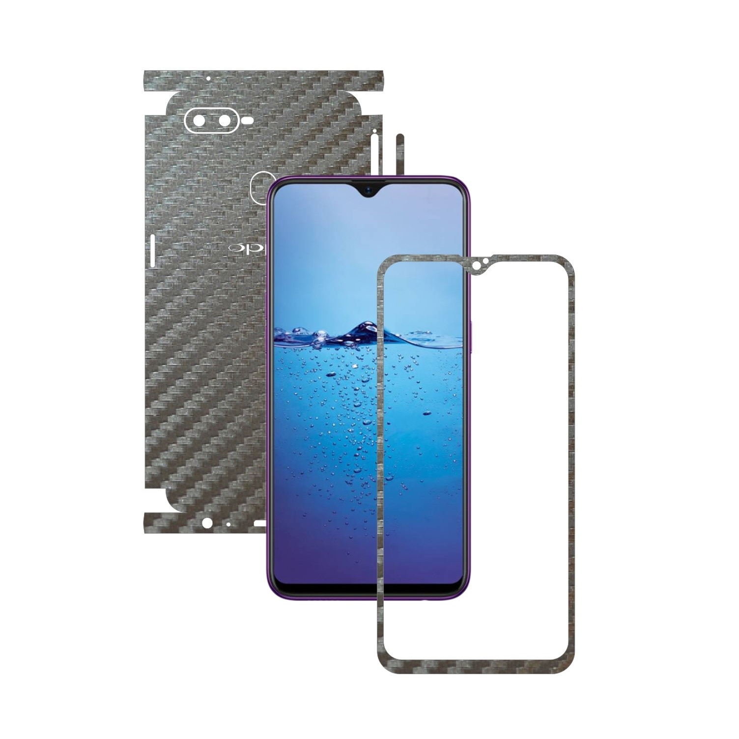 Folie Protectie Carbon Skinz pentru Oppo F9 (F9 Pro) - Carbon Gri Argintiu 360 Cut, Skin Adeziv Full Body Cover pentru Rama Ecran, Carcasa Spate si Laterale
