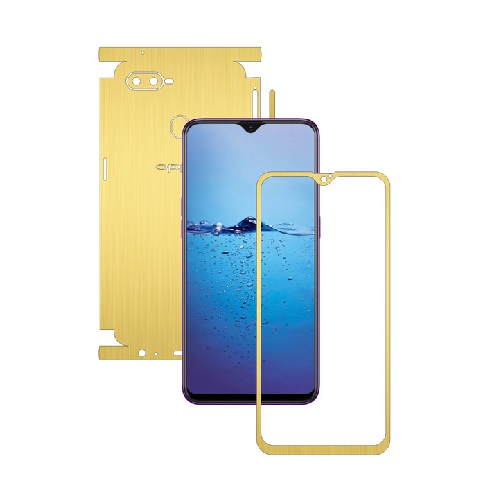 Carbon Skinz védőfólia Oppo F9-hez (F9 Pro) – szálcsiszolt arany 360 vágott, teljes testet fedő tapadó bőr képernyőkerethez, hát- és oldaltokhoz