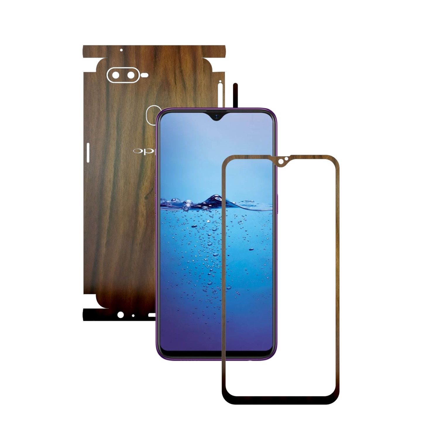 Folie Protectie Carbon Skinz pentru Oppo F9 (F9 Pro) - Lemn Nuc 360 Cut, Skin Adeziv Full Body Cover pentru Rama Ecran, Carcasa Spate si Laterale