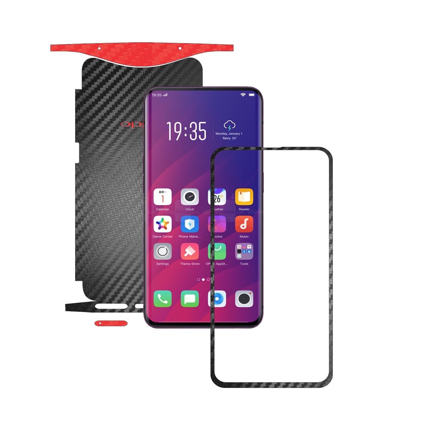 Folie Protectie Carbon Skinz pentru Oppo Find X - Carbon Two Tone Negru / Rosu, Skin Adeziv Full Body Cover pentru Rama Ecran, Carcasa Spate si Laterale