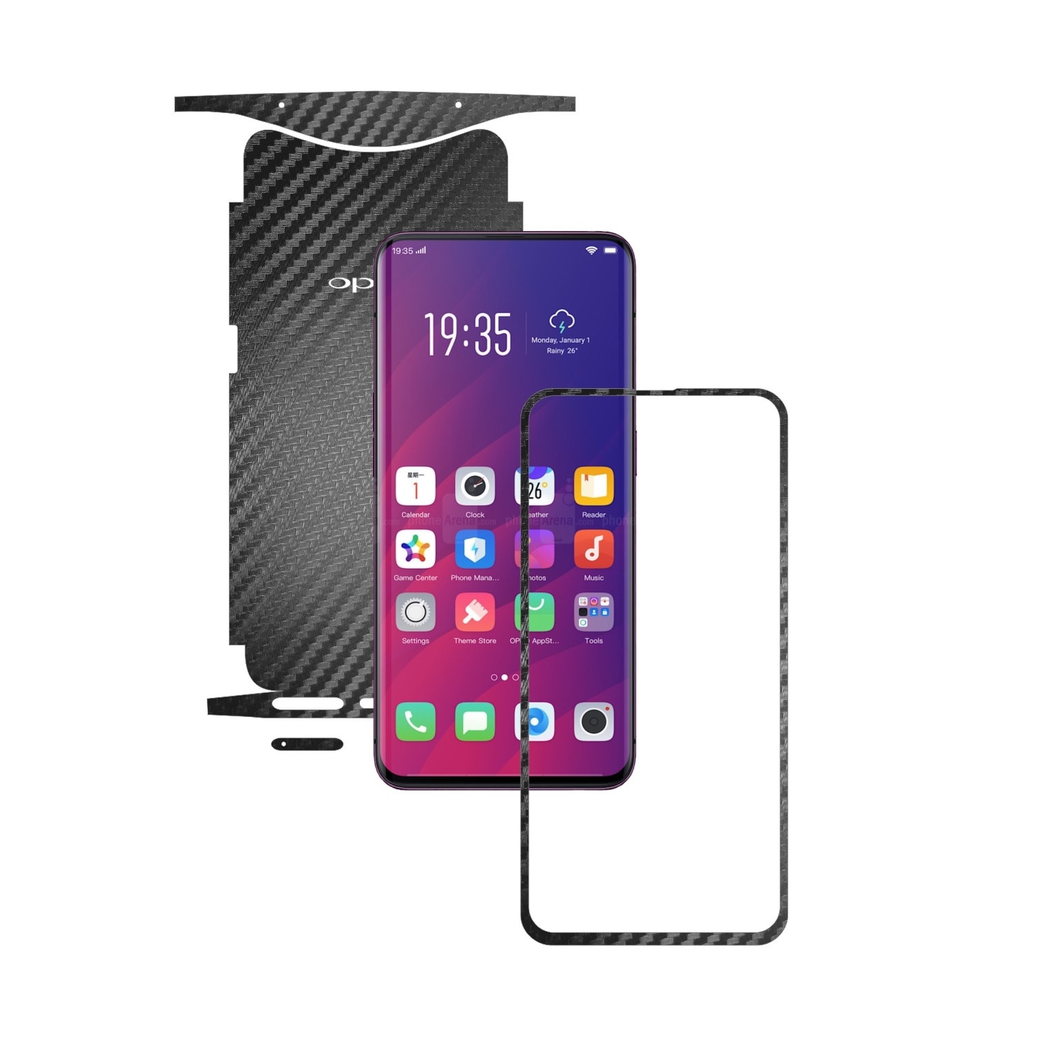 Folie Protectie Carbon Skinz pentru Oppo Find X - Carbon Negru 360 Cut, Skin Adeziv Full Body Cover pentru Rama Ecran, Carcasa Spate si Laterale