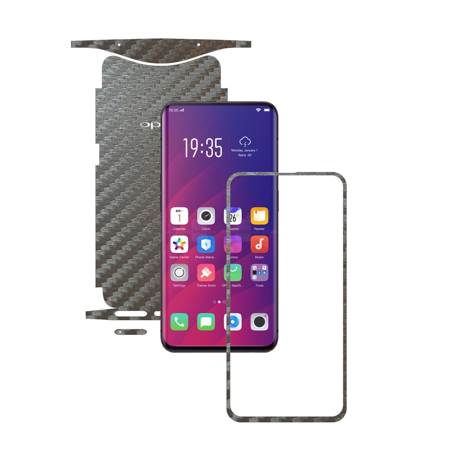 Folie Protectie Carbon Skinz pentru Oppo Find X - Carbon Gri Argintiu 360 Cut, Skin Adeziv Full Body Cover pentru Rama Ecran, Carcasa Spate si Laterale