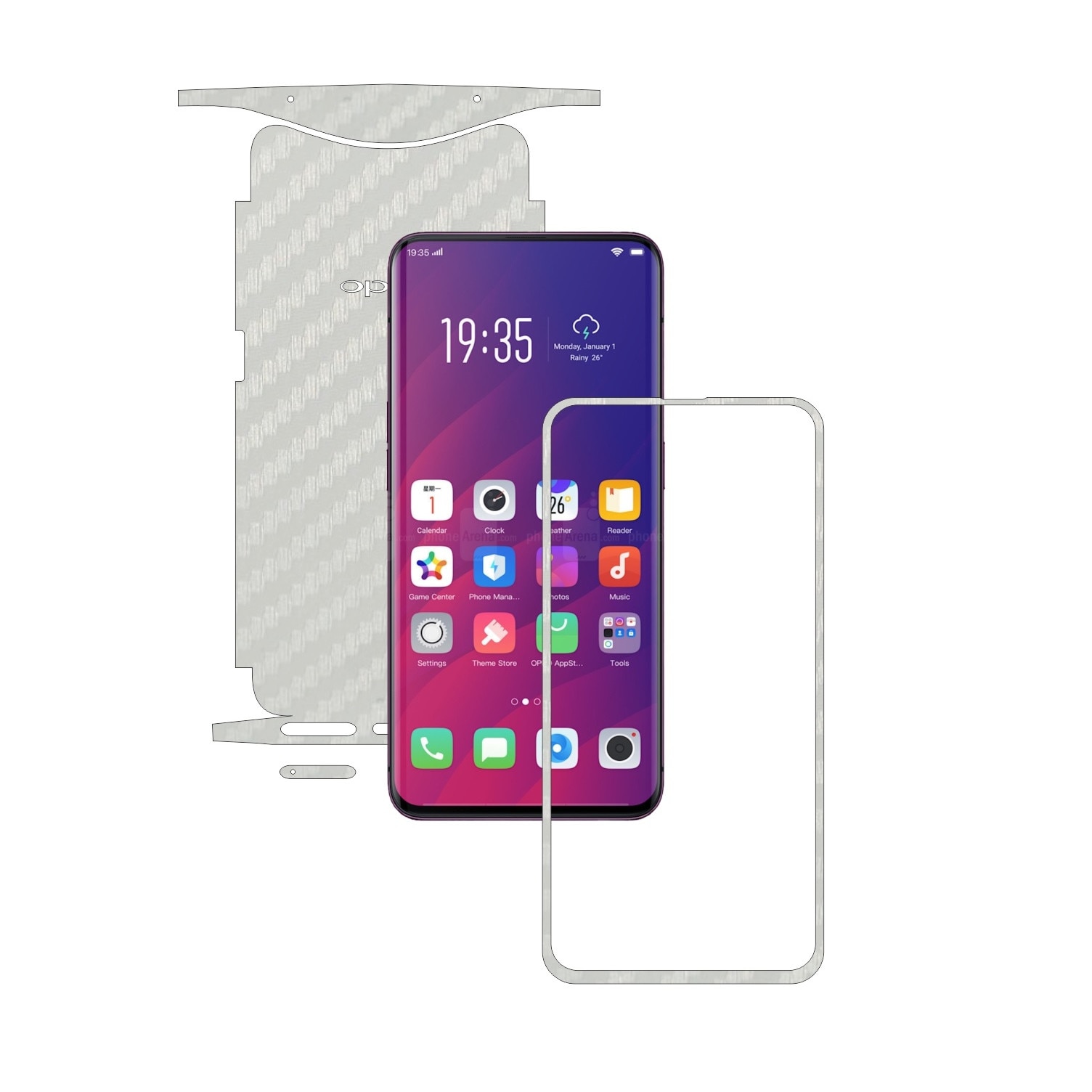 Folie Protectie Carbon Skinz pentru Oppo Find X - Carbon Alb 360 Cut, Skin Adeziv Full Body Cover pentru Rama Ecran, Carcasa Spate si Laterale